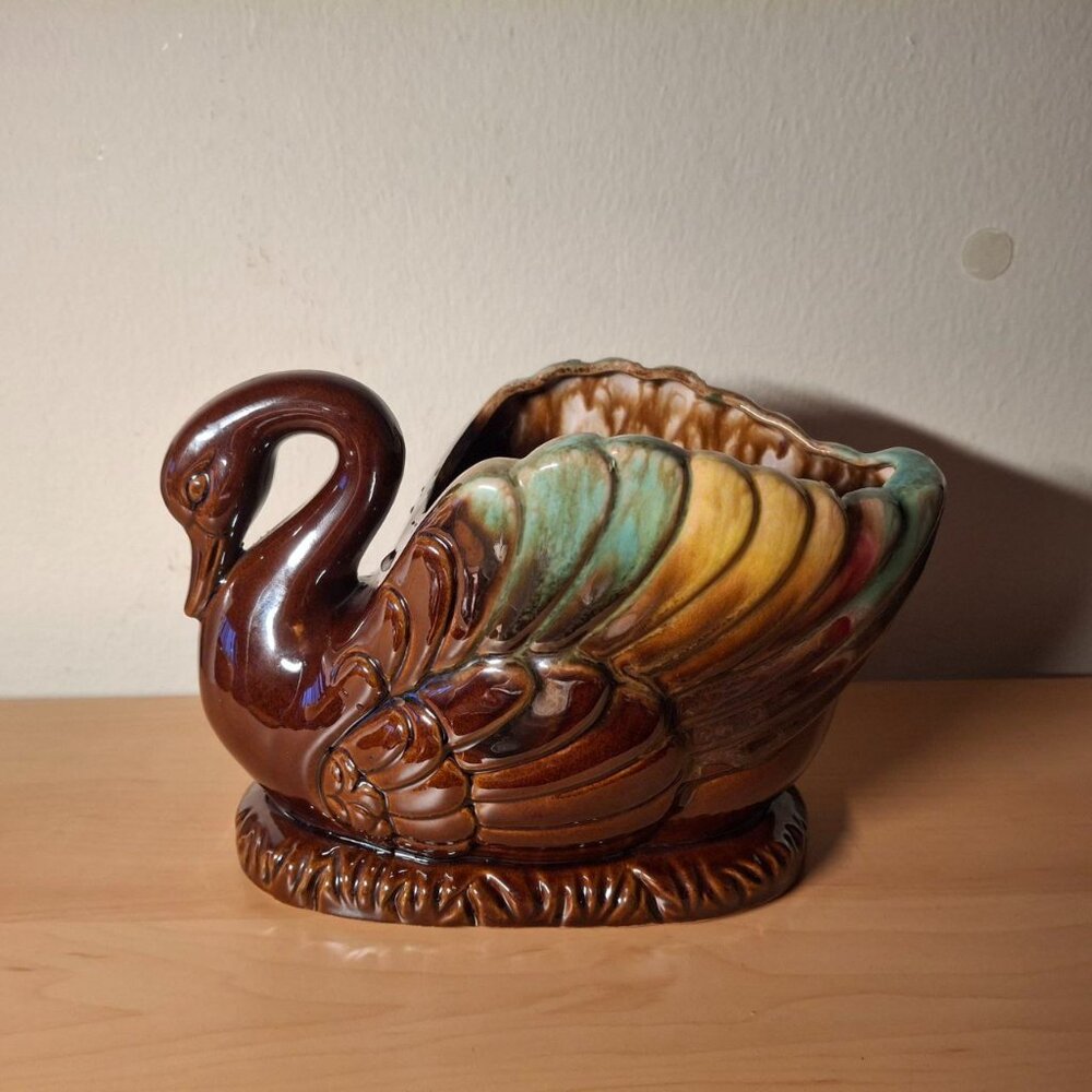 MCM Vintage Ceramic Swan Planter Brown Green Drip Glaze Japan​